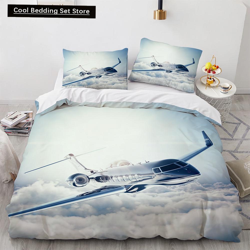 3D Airplane King Queen Duvet Cover Pink Airliner Bedding Set for Adults Sky Sea Natural Landscape 2/3pcs Polyester Quilt Cover
