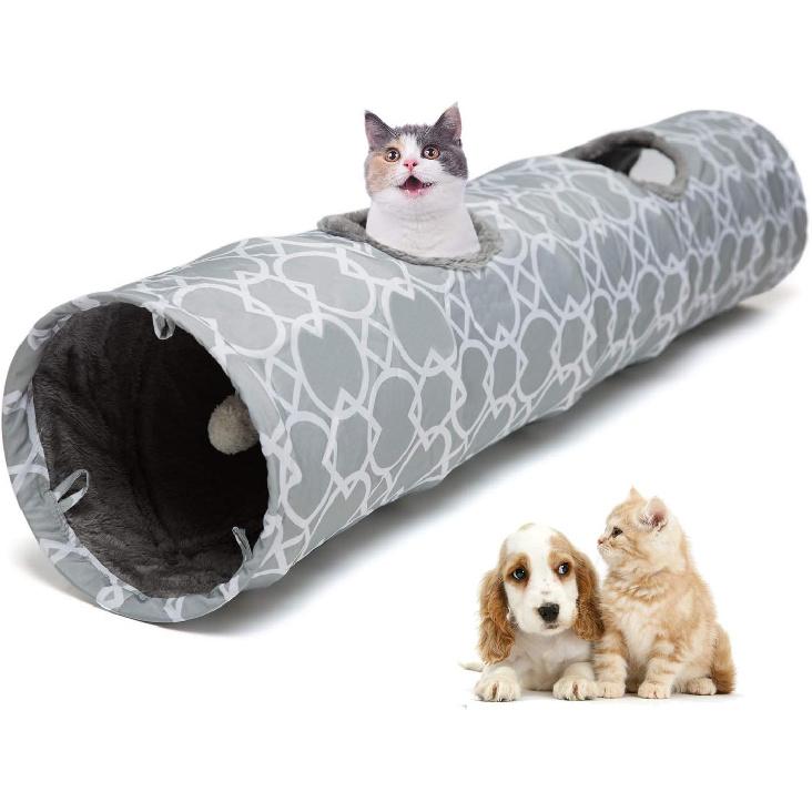 LUCKITTY Geometric Straight Cat Tunnel with Plush Inside,Cats Toys Collapsible Tunnel Tube with Balls, for Rabbits, Kittens, Ferrets,Puppy, Diameter