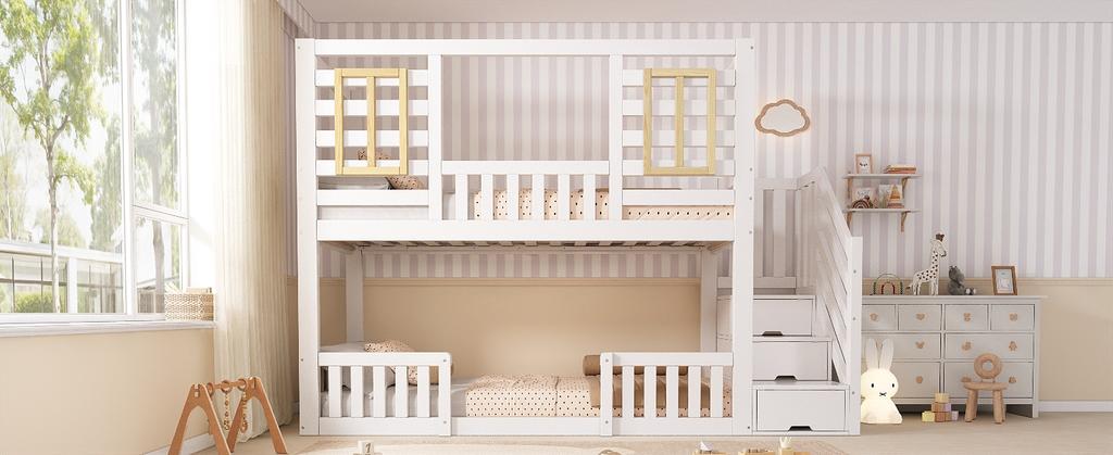 Bunk Bed 90x200 cm White Cabin Style with Wooden Windows and Stair Cabinet, with 2 Sleeping Surfaces, Slatted Frame Included, EN 747, without Mattress