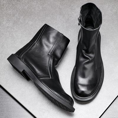 Men'S Boots British Leather Round Head Cowhide Chelsea Boots Black Medium Top Zipper Versatile Tooling Martin Boots Men