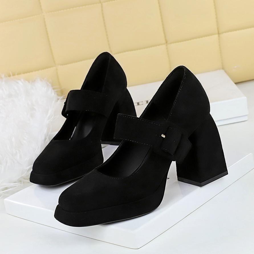 

Туфли на высоком каблуке, Толстый каблук, Водонепроницаемая платформа, Замша, Пряжка на ремешке, С мелким вырезом, Туфли Мэри Джейн женские, Одинарные туфли 40 чёрный