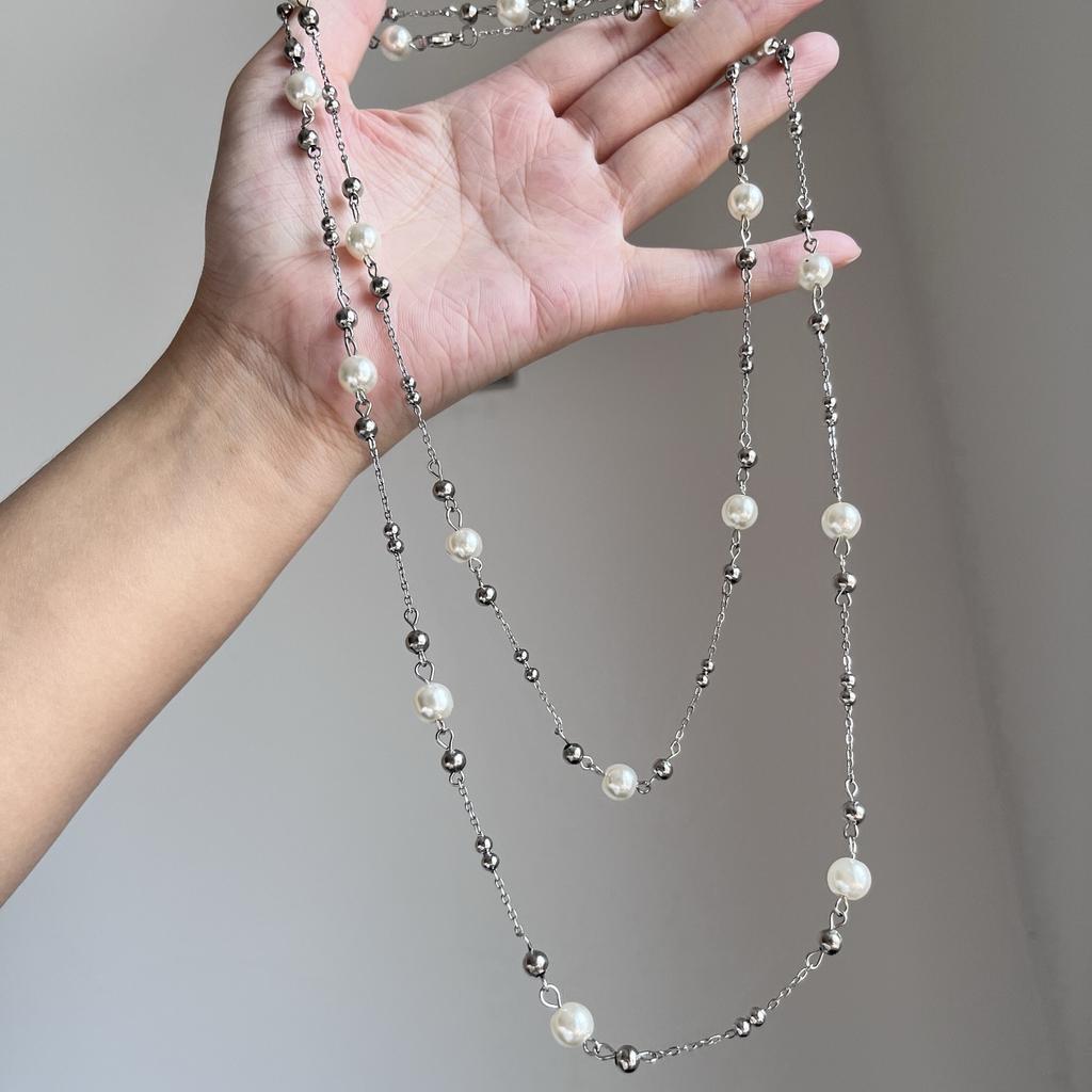 White Pearl Multi-layer Long Necklace, 2025 New Luxury Summer Stackable Sweater Chain Choker