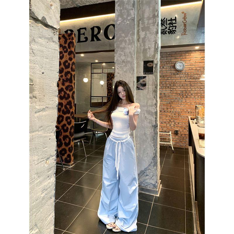 Kumikumi Pure Desire Set off-Shoulder Slim fit Slimming Crop T-shirt Women Summer High Waist Mopping Pants Two-piece Set