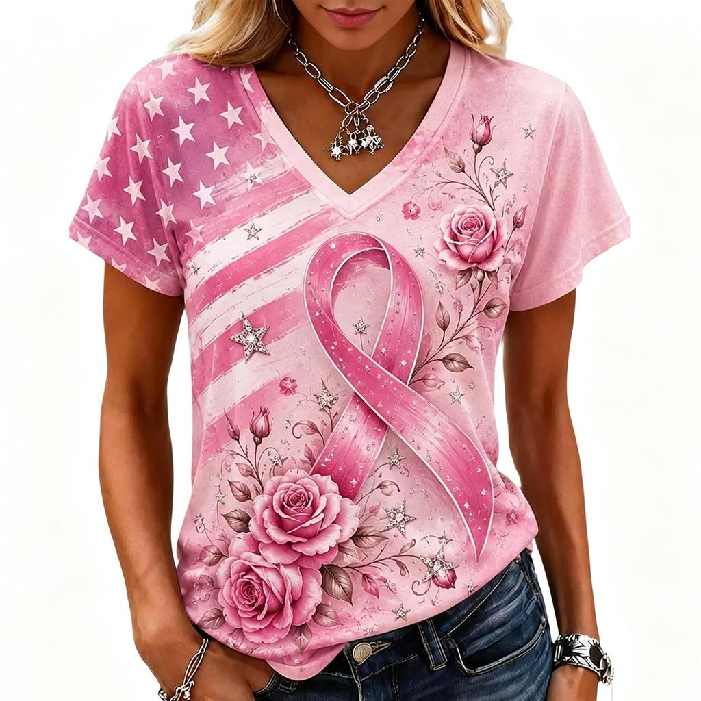 Women's Casual Short Sleeve V-Neck Top with Breast Print