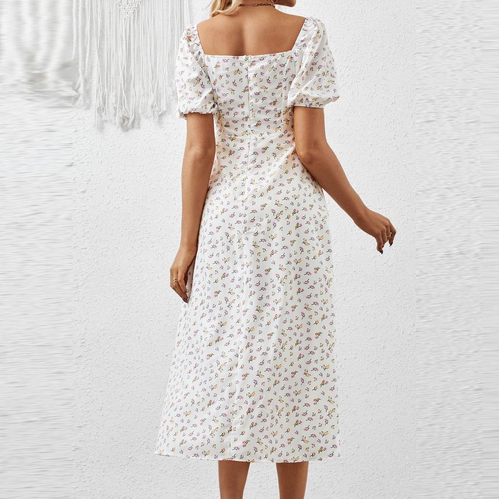 Damen Sommermode Einfarbig Hohe Taille Puffärmel Taille Kleider