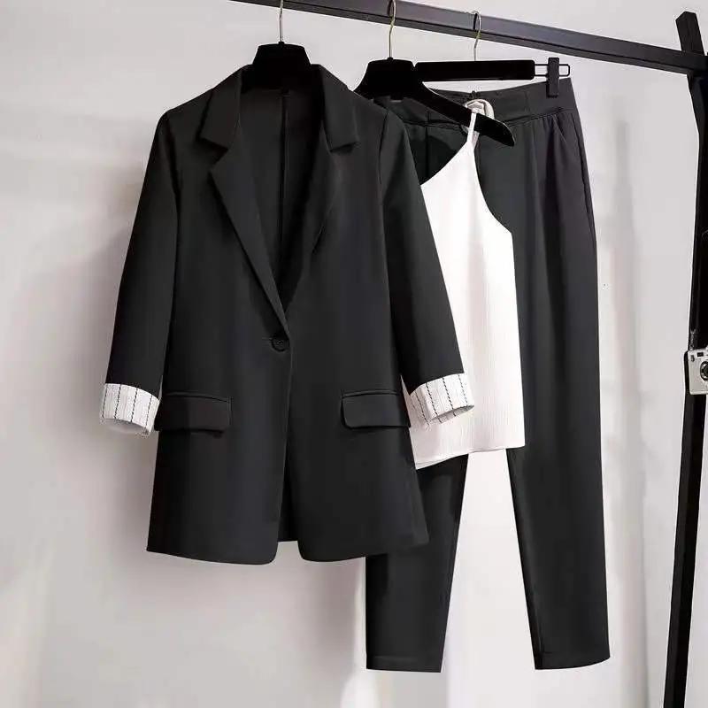 Frühling Übergröße Koreanischer Eleganter Damenanzug Damenblazer Freizeithose Tweedanzugjacke Dreiteiliges Jacke-Hosen-Set
