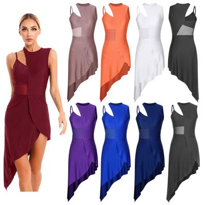 Women Latin Ballroom Dance Dress Patchwork Sleeveless Asymmetrical Hem Lyrical Stage Dance Wear