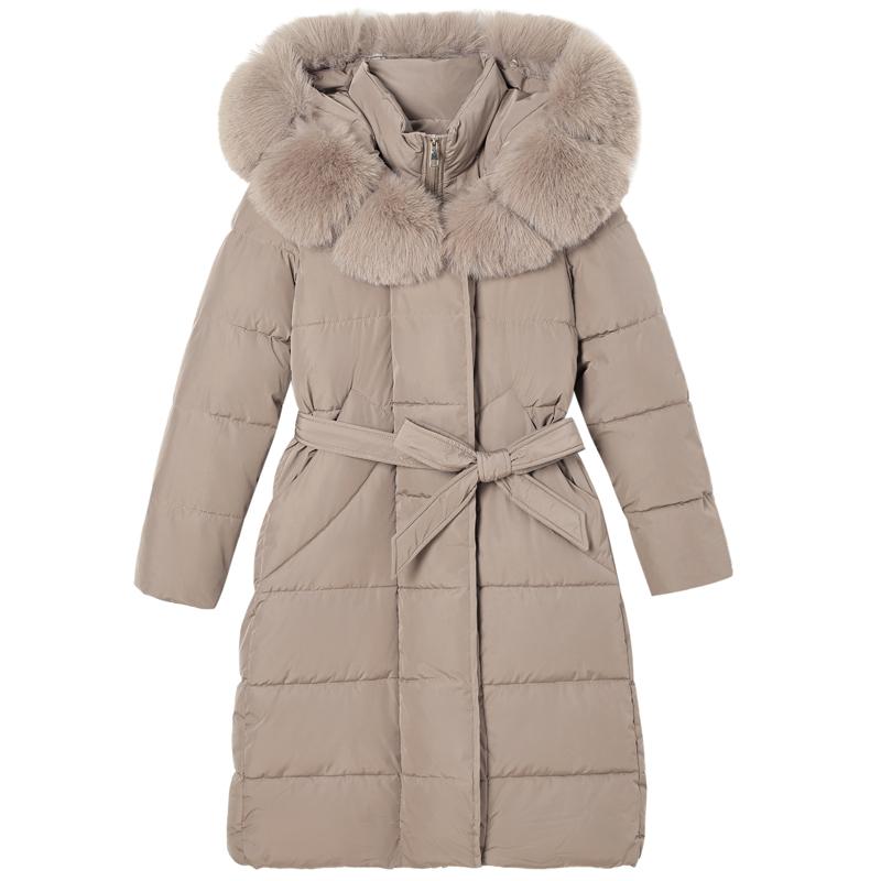 Dam Vinter Långa Kappor Med Huva Stor Fuskpäls Krage Elegant Tjock Varm Vinterparkas Kvinnlig Jacka Med Bälte