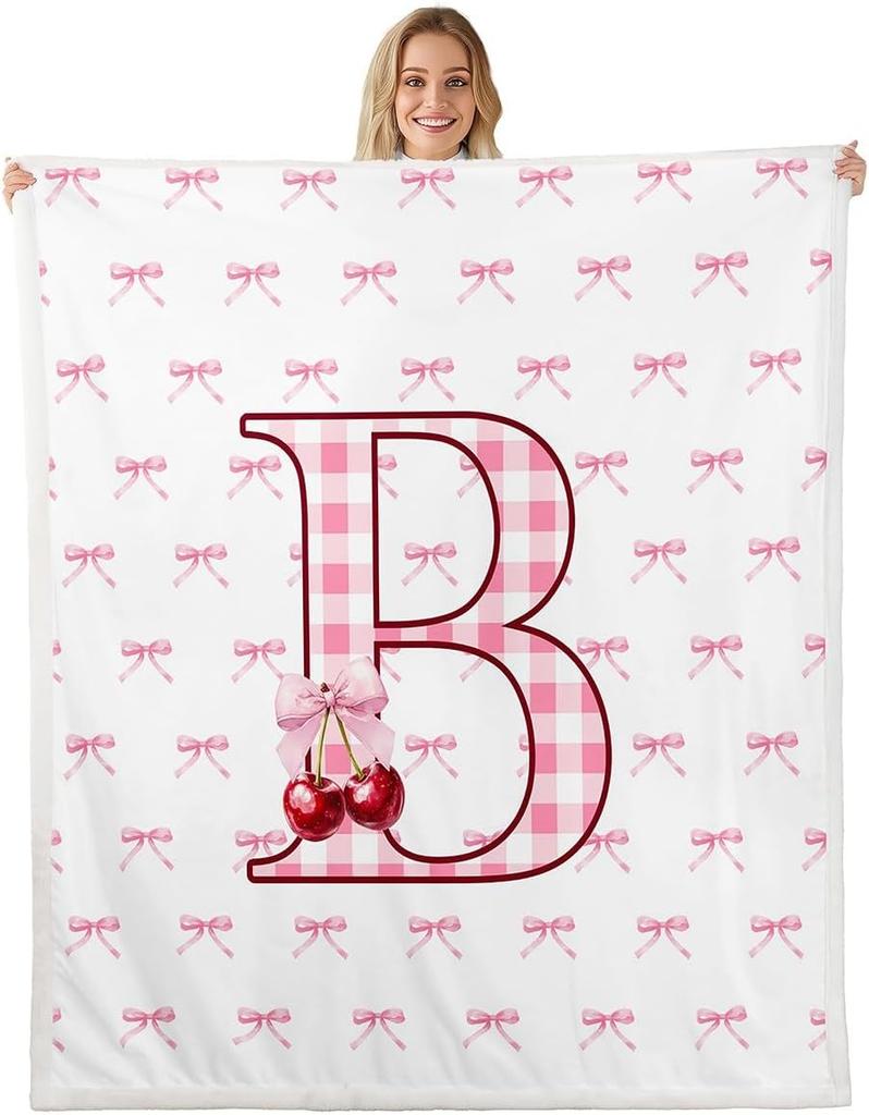 Erosebridal Initial P Letter Bowknot Fleece Blanket Throw Pink Bow Tie Cherry Sherpa Blanket Princess Coquette Decor Fuzzy