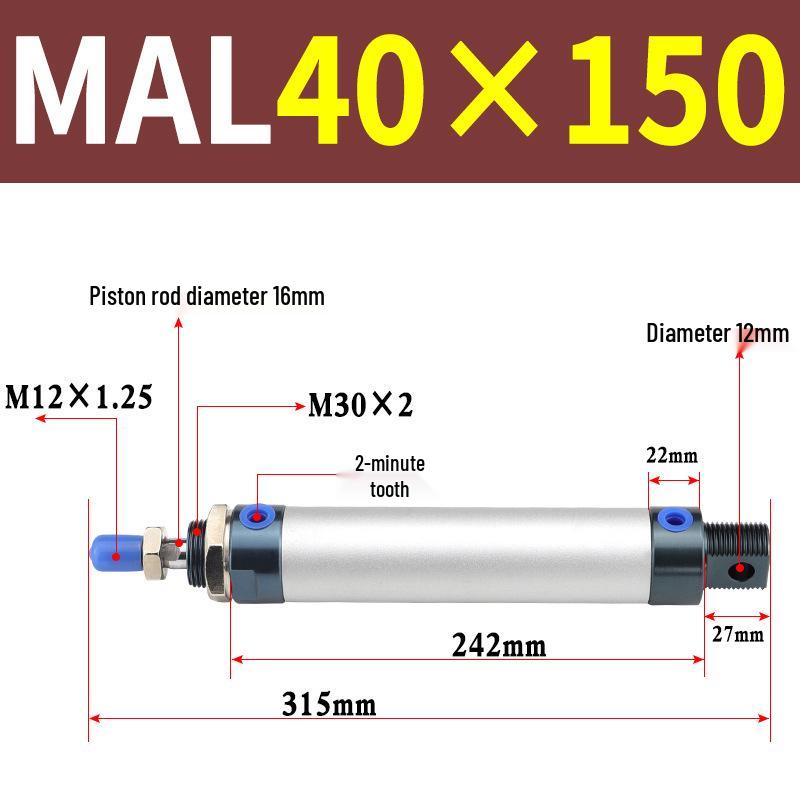 Mini Aluminum Alloy Pneumatic Cylinder - Round, Sizes 16/20/25/32/40 x 25/50/75/100/200