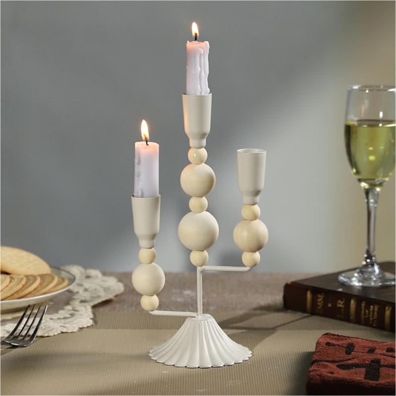 Wooden Beads Taper Candle Holder Metal Candlestick for Home Decors Weddings Party and Dining Table Centerpieces Display