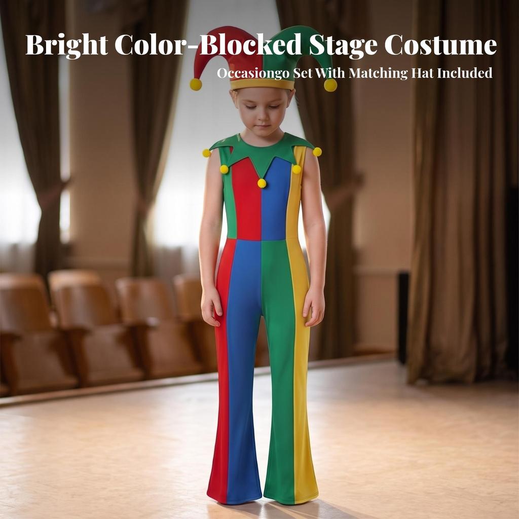 Clown Cosplay Costume Complete Jumpsuit with Hat Jester