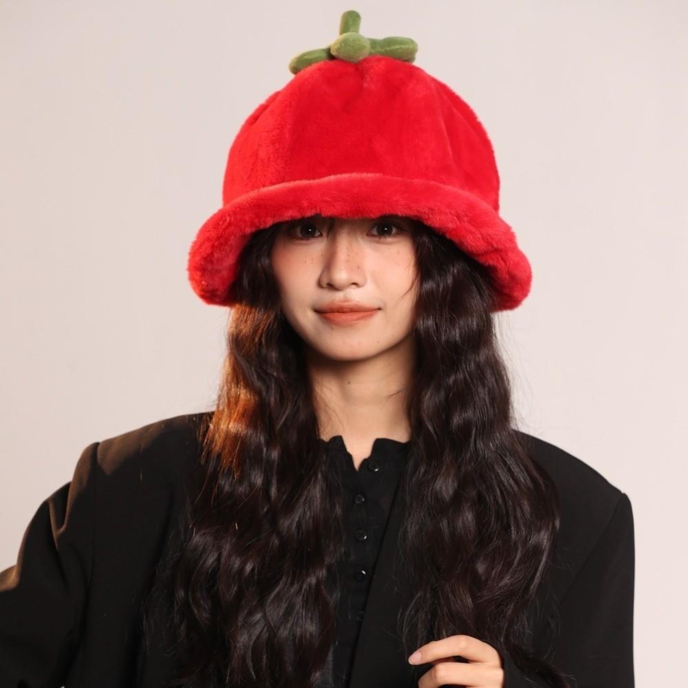 Cute Tomato Winter Fisherman Hat Rolled-up Fluffy Plush Bucket Hat Keep Warm Ear Protection Hat Beanie Hat Female/Girls