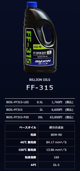 BILLION OILS FF Transmission Oil for Open Differentials, 80W-90, 2L, BOIL-FF315