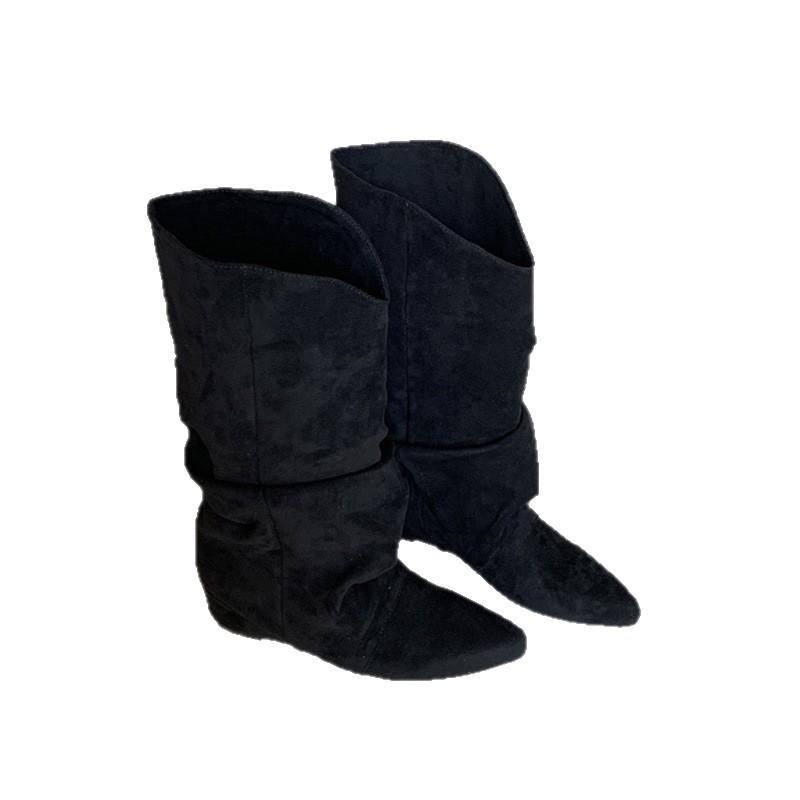 Wedge heel boots autumn and winter new fashion mid-heel inner heightening pointed boots high heels suede pleated piled boots