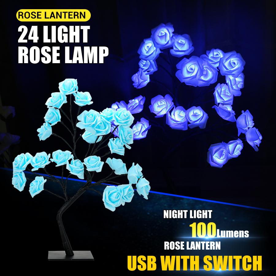 Pink Rose Flower Tree Lights 24LED USB Charge Table Lamp Fairy Night Light Home Party Christmas Wedding Bedroom Decoration Gift