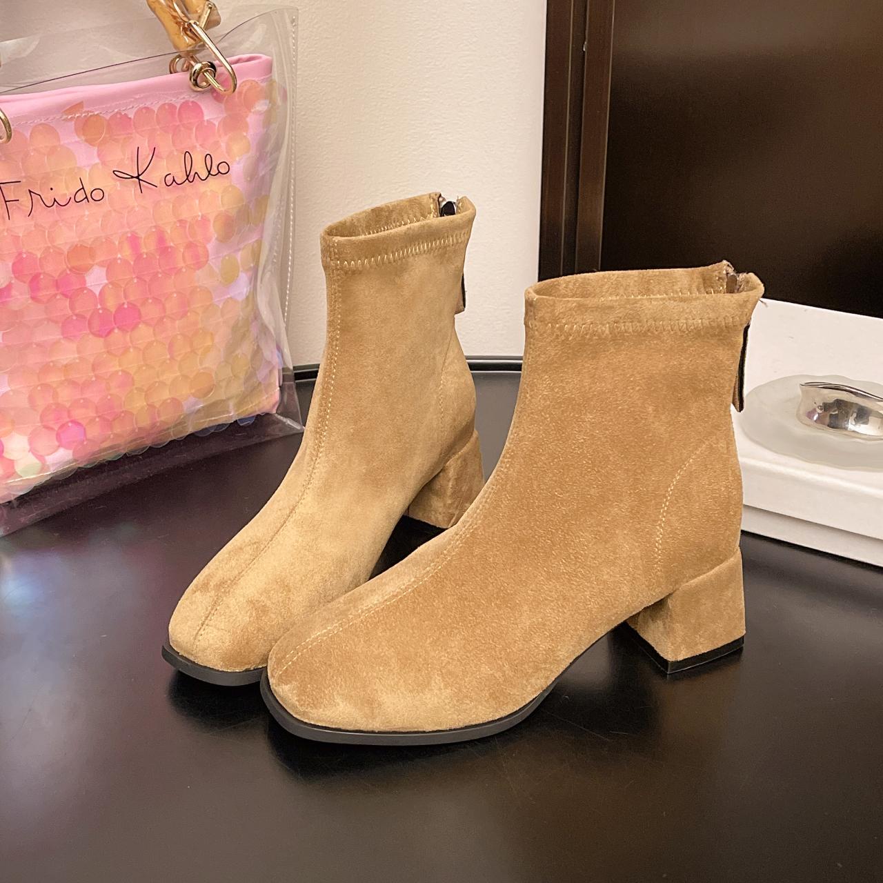 

Women Ankle Short Boots Suede Chunky Fashion Mid Heels Shoes Winter Pumps New Trend Casual Cozy Woman Chelsea Botas Mujer Comfortable Soft Sole Non s 36