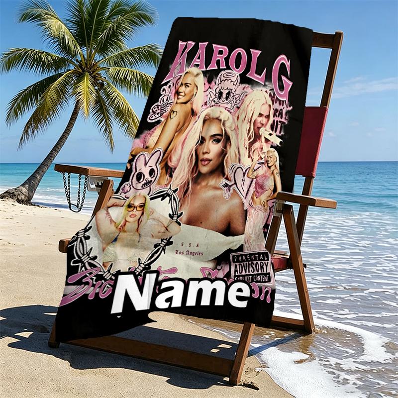 Custom Name Personalized Karol G Print Beach Towel, for Trip Camping Beach Party Home Decor, Birthday Gift for Family & Friends
