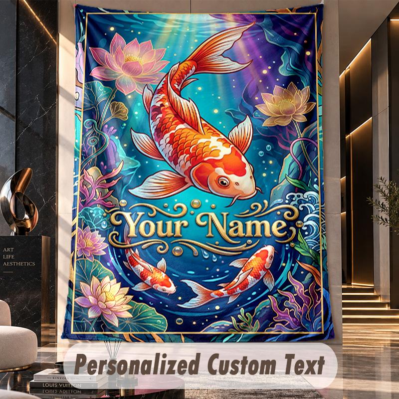 Koi Fish Pond Artwork Theme Wall Tapestry Customized With Name Text Personalized Hanging Tapestry For Bedroom Living Room Decor