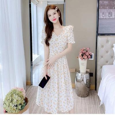 Little Fresh First Love Sweet Yellow Floral Dress Summer New Thin Meat Covering Fairy Temperament Dress