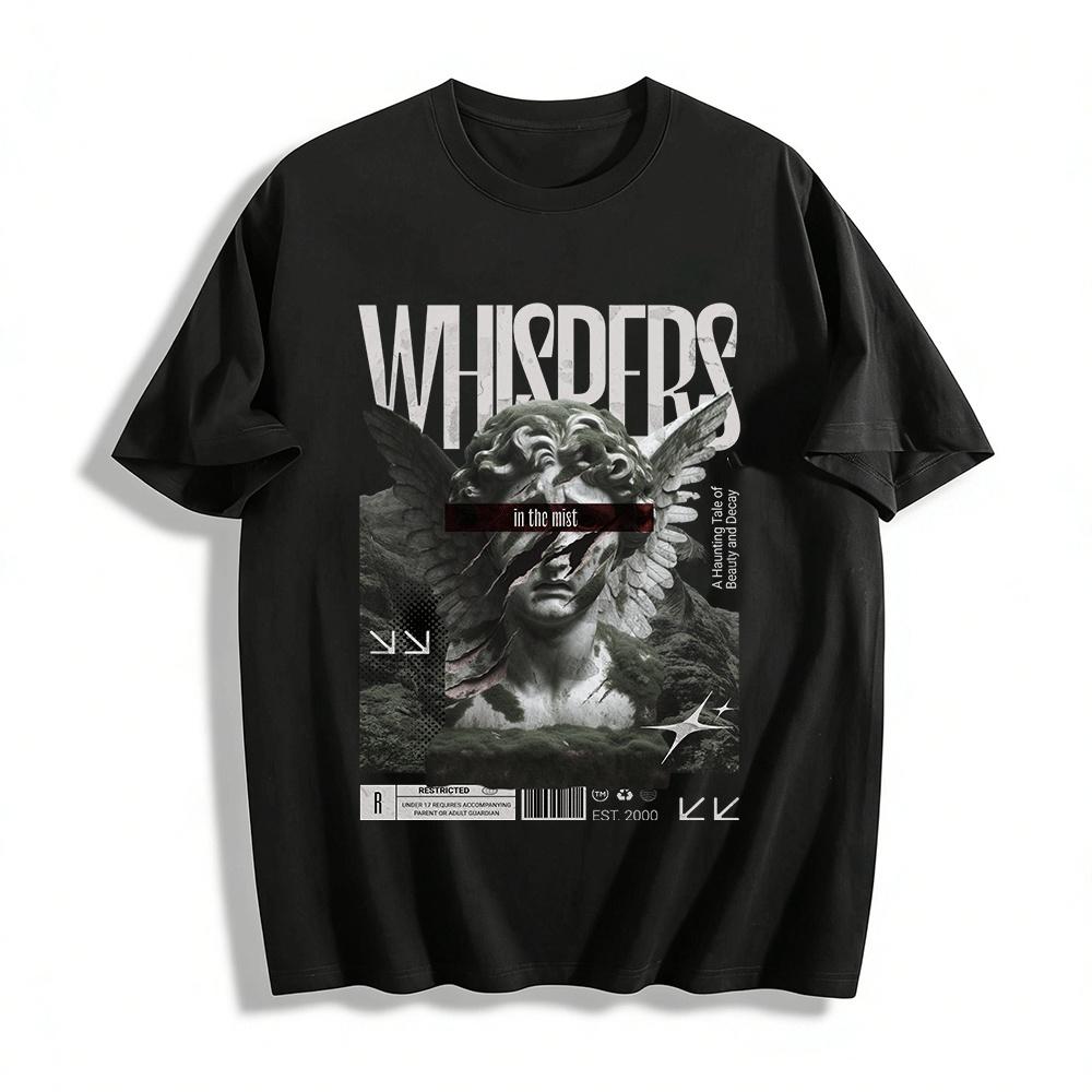 

Weathered Angel Statue Print T-Shirt Whispers In The Mist Dark Niche Top Pure cotton T-shirt 6XL