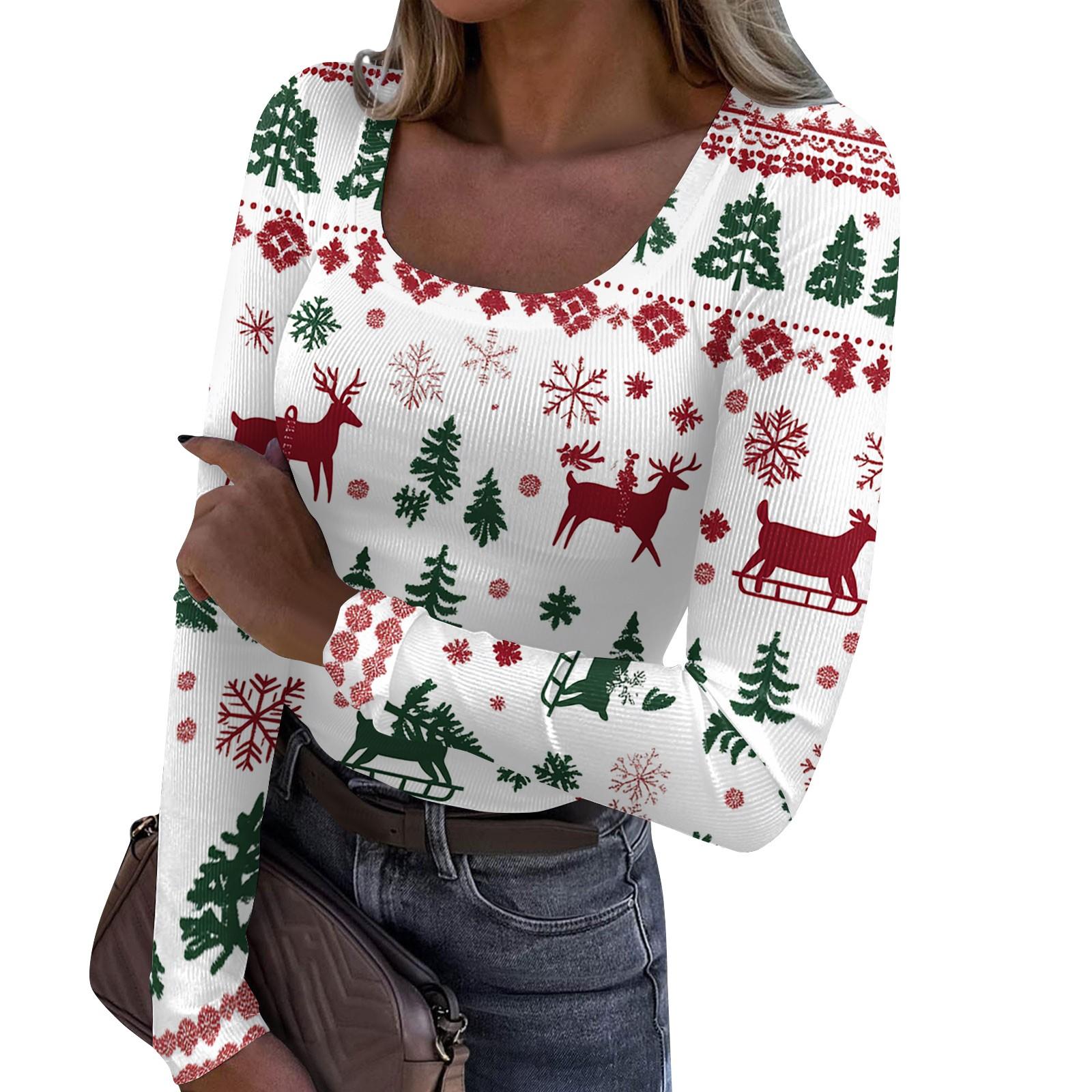 

Женская мода Slim Bottom Casual с длинным рукавом и рождественским принтом пуловер с U-образным вырезом XL белый