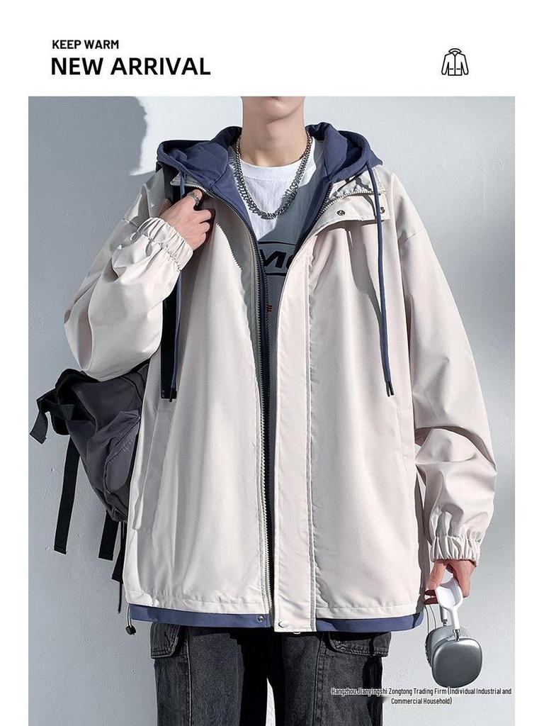 Men's Hooded Cotton Two-Piece Jacket for Spring/Autumn - Casual, Loose, Plus Size & Trendy