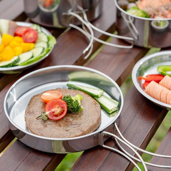 1 Set Batterie de Cuisine de Camping Empilable en Acier Inoxydable pour 45660 Personnes Casserole Poêle Assiette Set Quatre Pièces