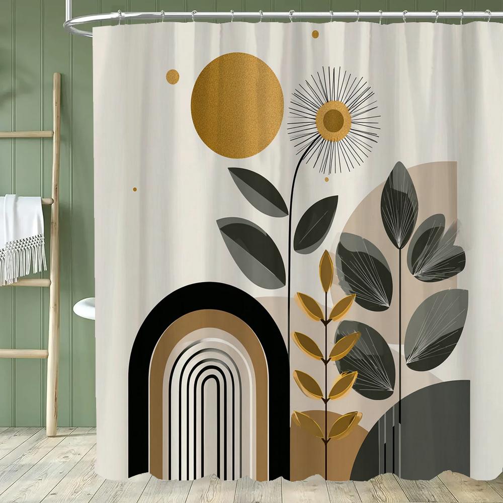 1Pc Abstract Tropical Leaf Printed Waterproof Shower Curtain With 12 Hooks, Bathroom Divider, Bathroom Decor Window Curtain