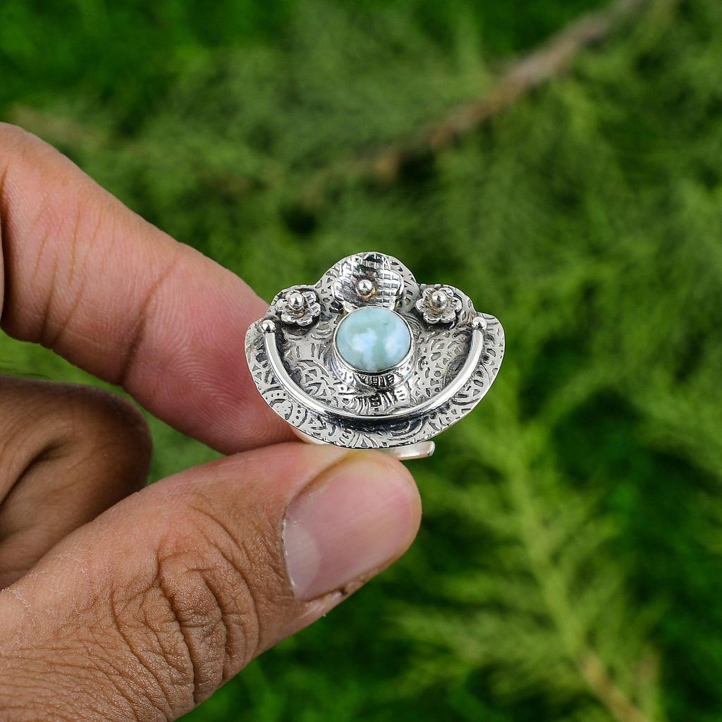 Natural Larimar Gemstone 925 Silver Multi Stone Flower Adjustable Ring For Women