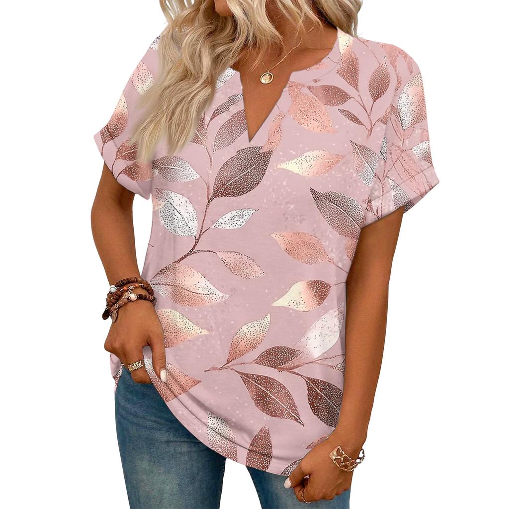 Stylowy damski casualowy T-shirt z krótkim rękawem z dekoltem w serek i retro kwiatowym nadrukiem