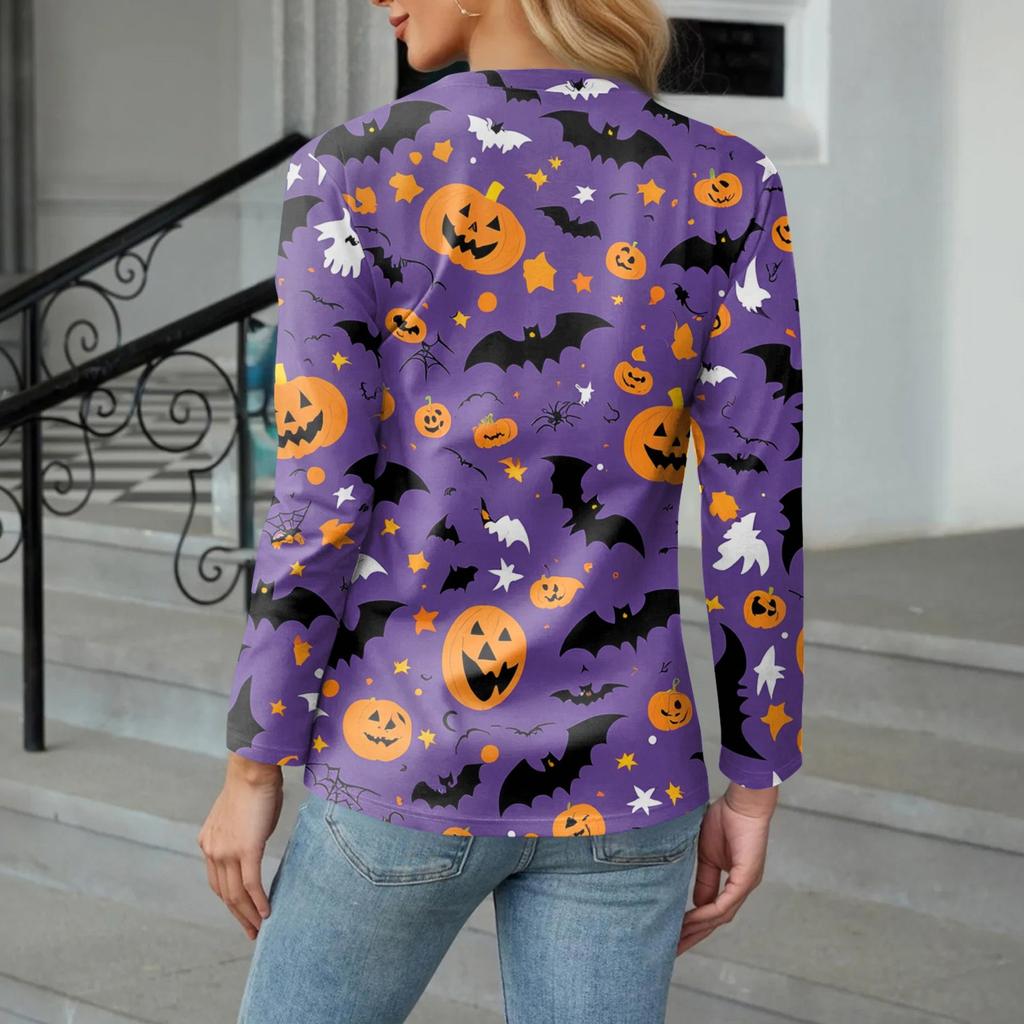 Women's Casual Fashion Sexy Comfort Halloween Printed V-Neck Button Long Sleeve