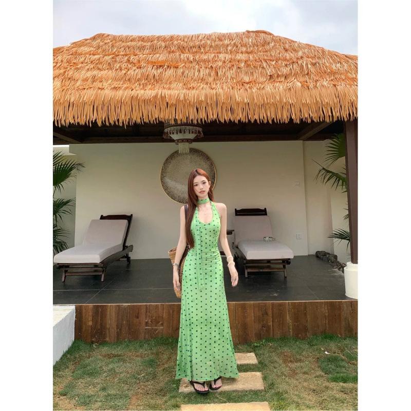French polka dot streamer neck dress women's summer temperament green skirt waist hip skirt vacation dress