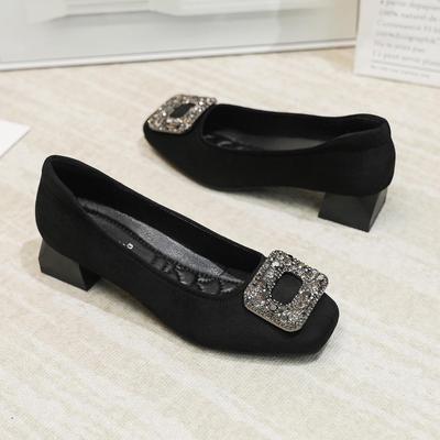 2026 Spring Chunky Heel Suede Women's Shoes with Rhinestone Square Buckle and Square Toe Design