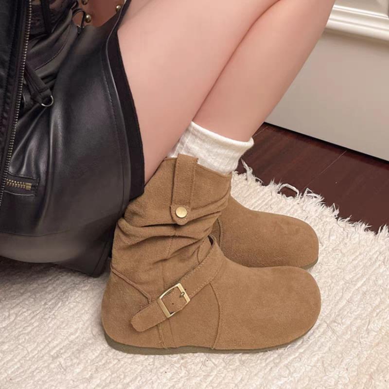 Retro Shoes, Suede Shoes, Buckle Boots, New Women's Shoes, Pleated Ankle Boots