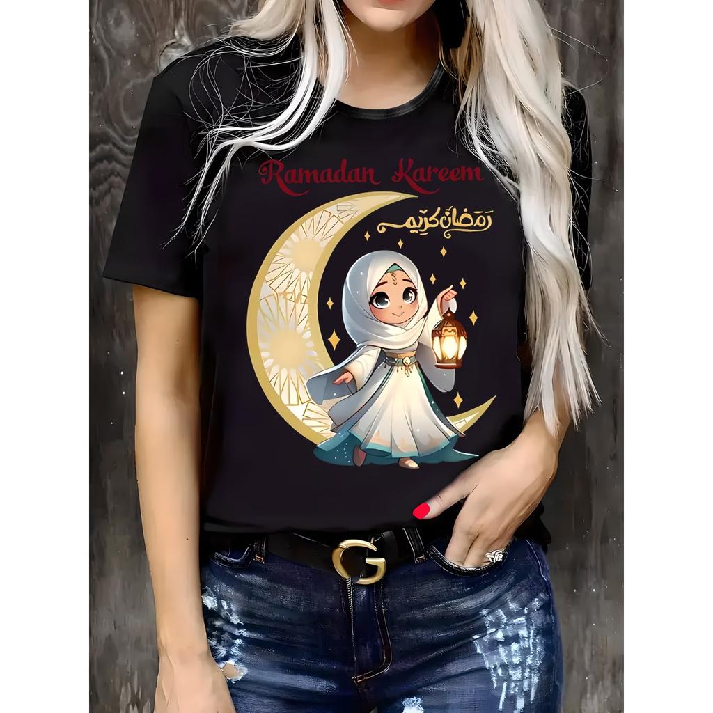 Print Women's Casual T-Shirt, Round Neck, Short Sleeved, Slightly Elastic Fabric, Regular Style, Comfortable Top for All Seasons