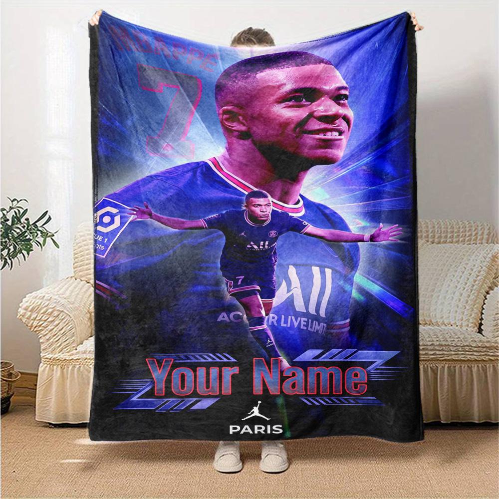 Mbappé Personalized Text Blanket Throw Customizable Blanket Comfortable Perfect for Couch Living Room Seaside Office Chair Four Seasons Multipurpose