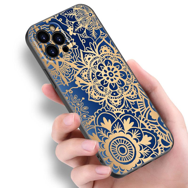 

Винтажный индийский цветочный хна мандала йога этнический черный чехол для Apple iPhone 12 13 Mini 11 14 15 Pro Max 7 8 Plus X XR XS SE 2022 iPhone 13 Mini