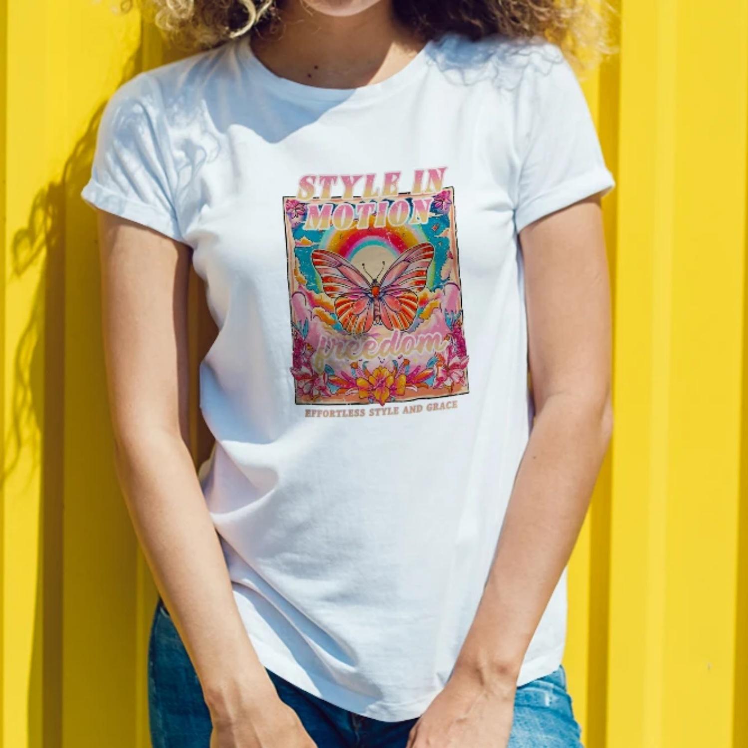 Women s round neck butterfly print T-shirt Casual fashion Spring and summer women s T-shirt Fashion melody S