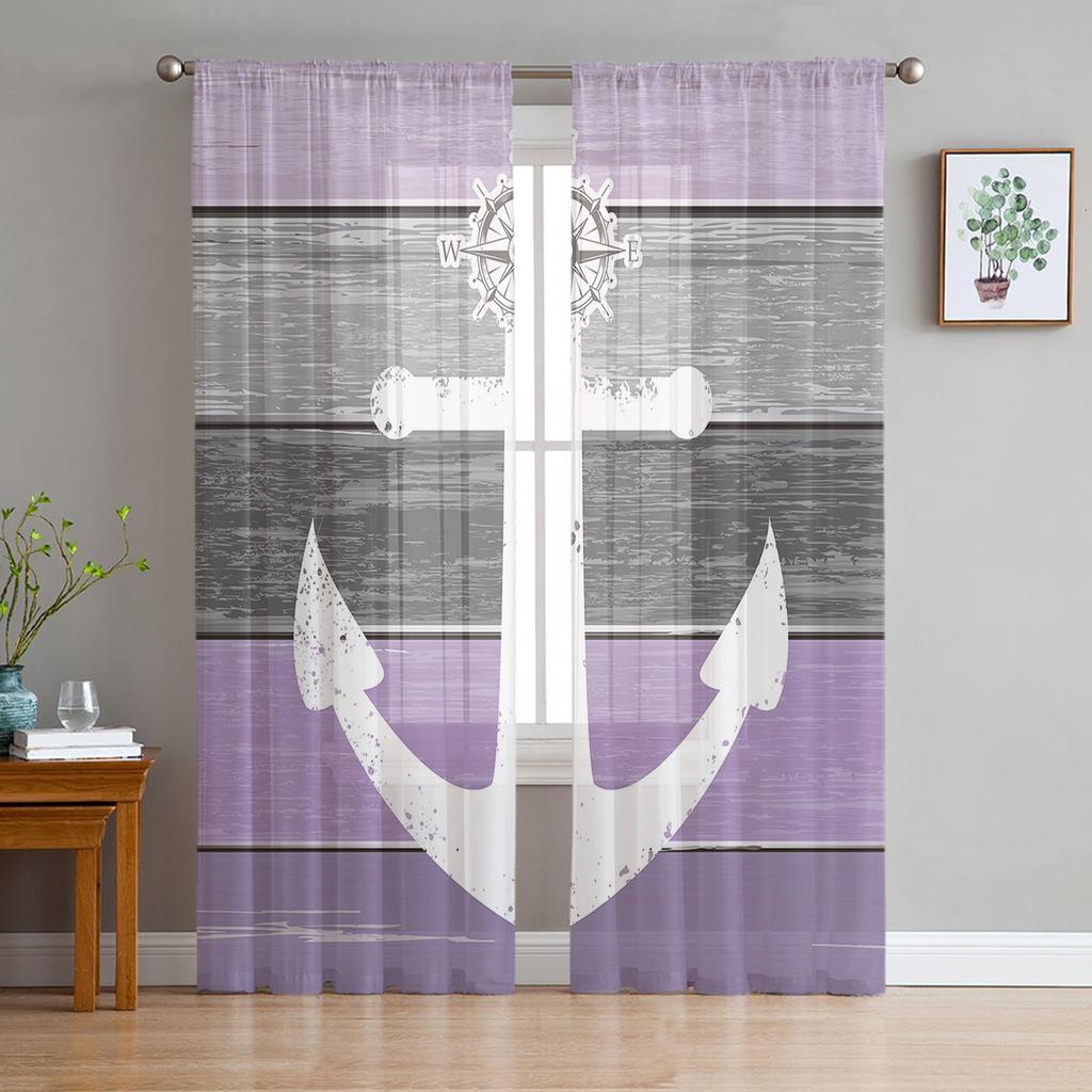 Vintage Farm Barn Wood Grain Boat Anchor Sheer Curtains for Living Room Modern Bedroom Voile Tulle Curtain Window Drapes