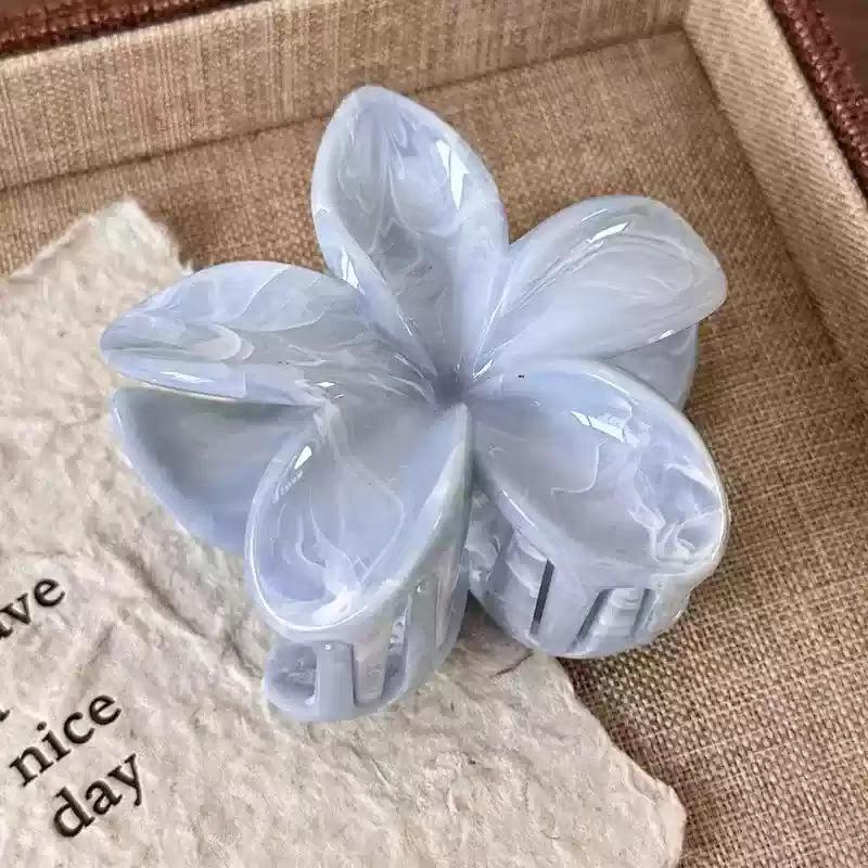 Blue & White Gradient Plumeria 3D Marble Hair Claw Clip - Elegant Floral Hair Accessory