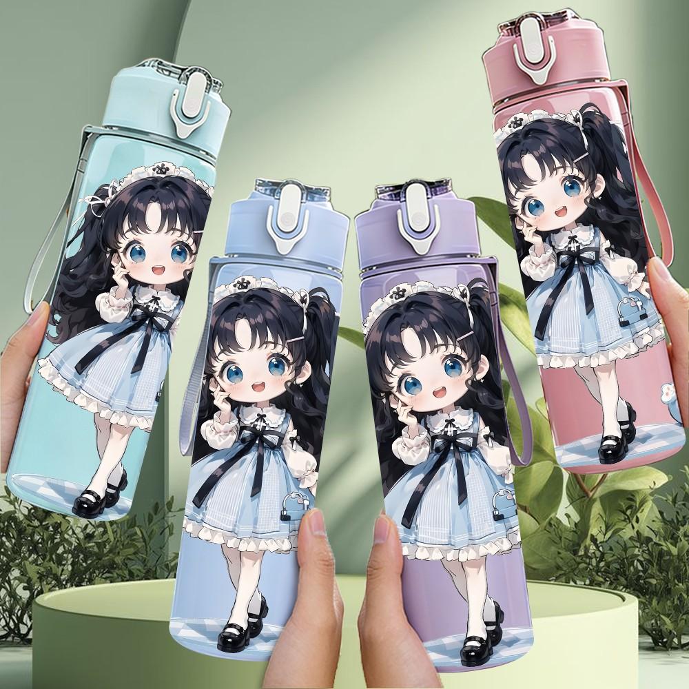1PC Dark Blue Dress Girl Standing Pattern 750ml Color Plastic Sports Water Bottle Leakproof Flip Straw Lid Suitable for Sports Office Home Use