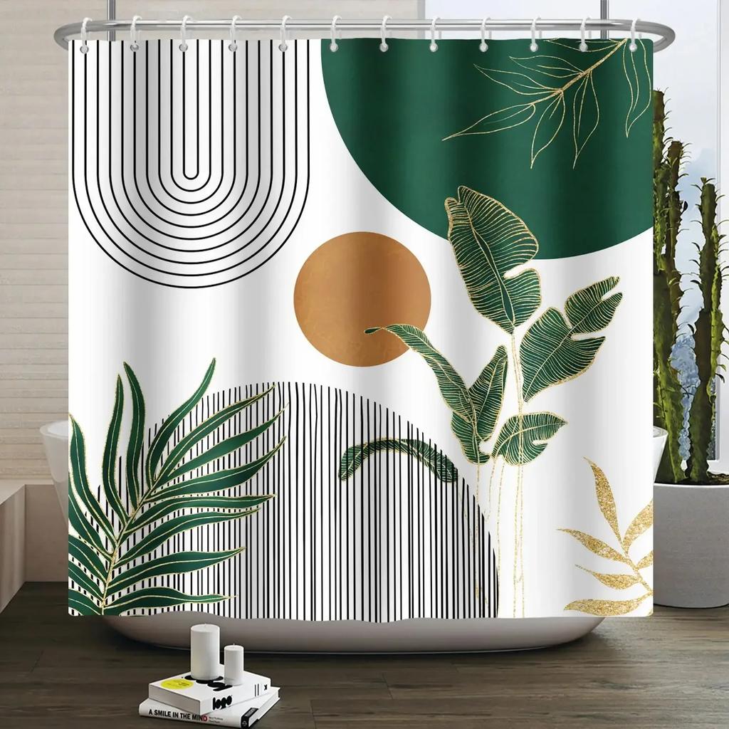 Mid Century Abstrakt Boho Duschvorhang Grünes Blatt Pflanze Modern Bogen Sonne Minimalistisch Nordisch Wasserdicht Badezimmer Badvorhang
