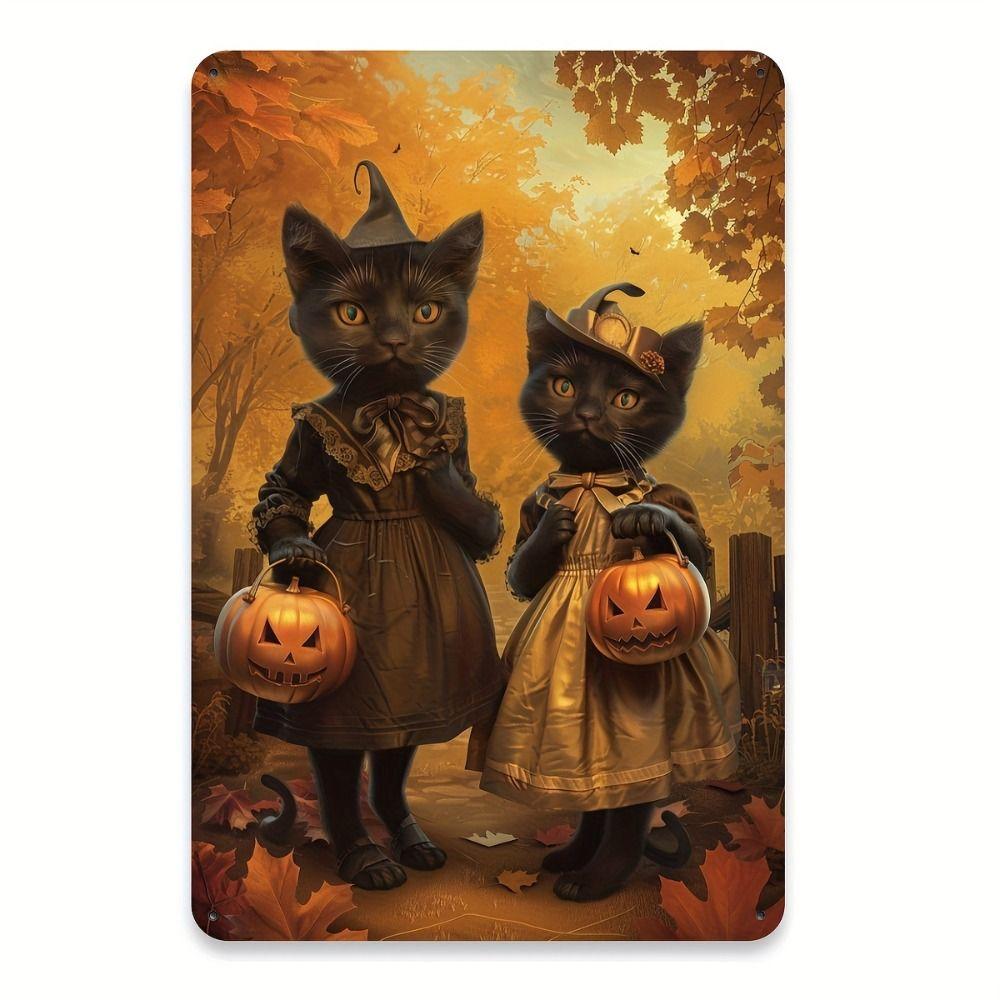 Witch Cat Forest Halloween Sign Metal Tin Sign 20x30 cm Wall Decor