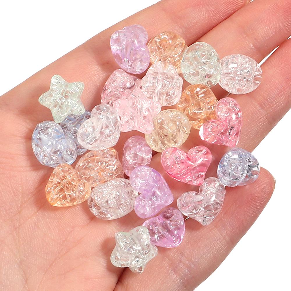 50pcs Acrylic Crackle Beads Colorful Heart Star Loose Spacer Beads For Jewelry Making DIY Bracelet Necklace Keychain Accessories