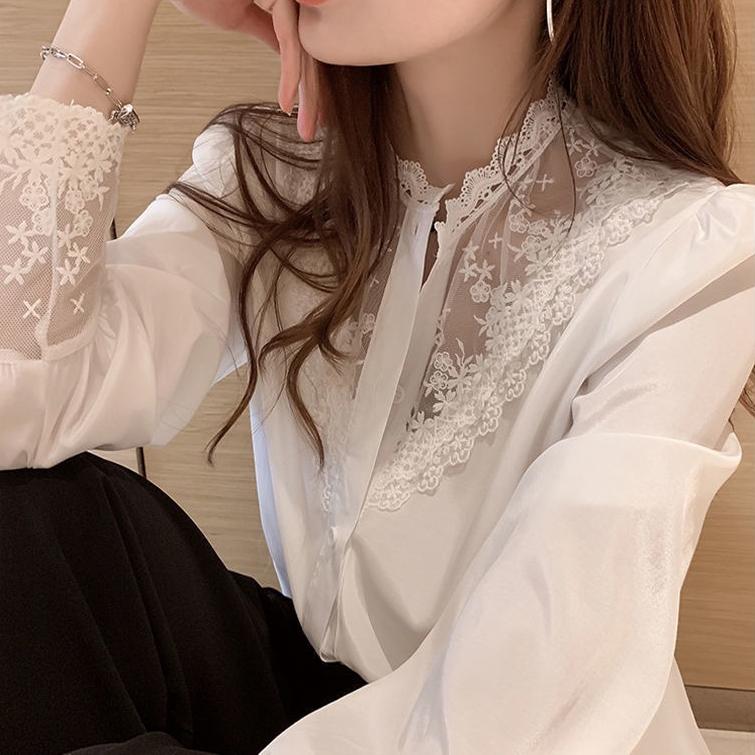 Lace Bottomed Shirt for Women Sense Spring and Autumn Design Niche Style Paired Scheming Top and Patchwork Shirt