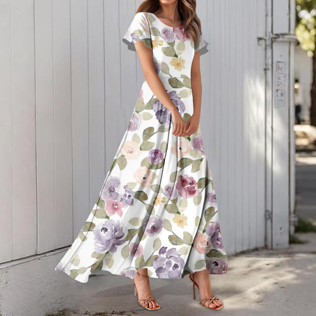 Damenkleid mit Hawaii-Print, lässig, Rundhalsausschnitt, kurzärmelig, hohe Taille