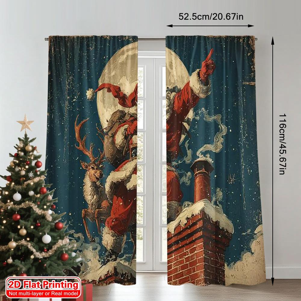 2pcs 2D flat printing Merry Christmas Window Curtains Santa Claus Fabric Without Electricity Festive Holiday Perfect for Living