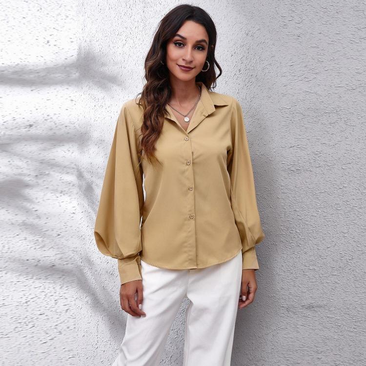 New Women Long Sleeve Blouse Button Down Collar Blouson Sleeve Shirt Solid Color Business Casual Tops Office Work Clothes Daily Wear Fashion S XL