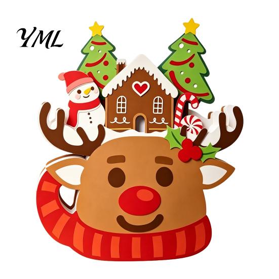 Christmas Party Supplies Wooden Cart Tabletop Decorations, Xmas Figurine Ornament with Snowman Winter Theme Decorations Elk Penguin, Festive